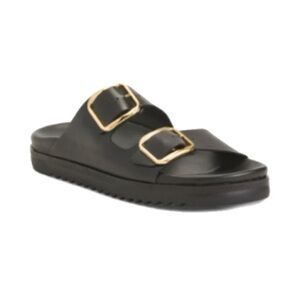 Tamaris Leather Two Band Chunky Sandal Gold Buckle Black size 9 EU40